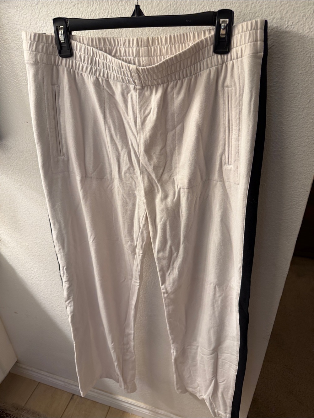 Norma Kamali White Wide-Leg Track Pants with Black Side Stripe